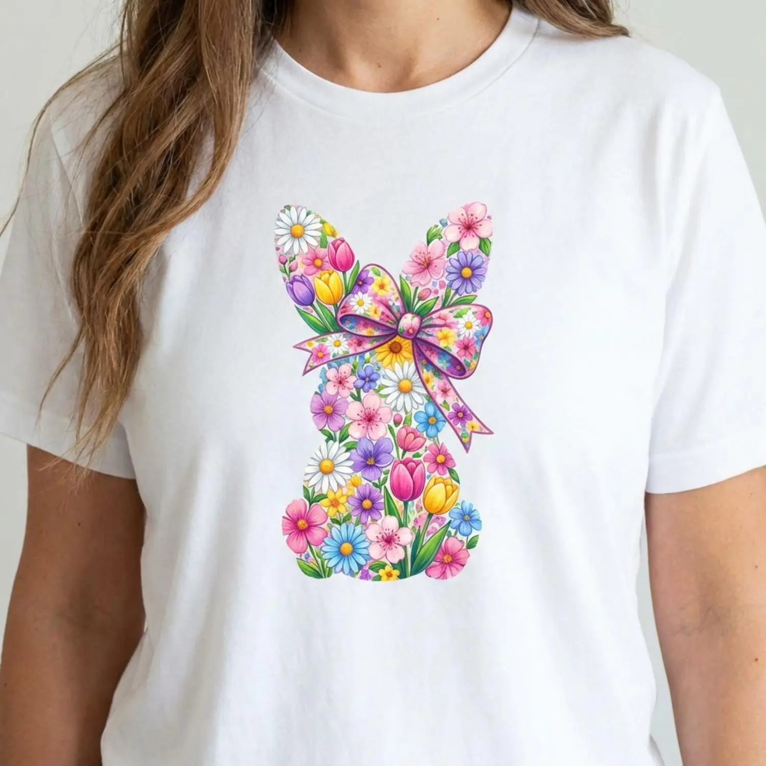 Women's Casual Round Neck Short Sleeve T Shirt Featuring Easter Bunny with Pink Bow and Colorful Swirls Print for Spring Festival and Holiday Wear