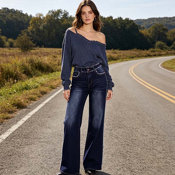 Vintage Dark Wash Straight Leg Jeans, Flattering Loose Fit Streetwear Trousers, Women's Fashion