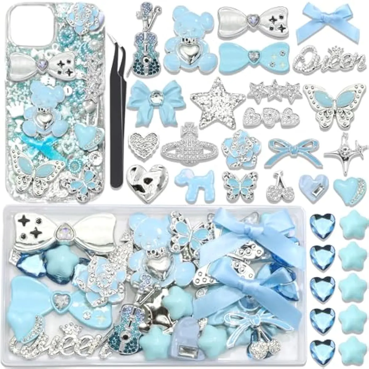 Blue Junk Case Charms Kawaii Bow Guitar Charms for Phone Cases Silver Butterfly Rhinestone Junk Case Kit 3D Resin Heart Star Flatback Pearls Customizing DIY Craft