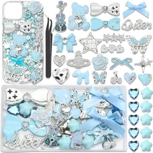 Blue Junk Case Charms Kawaii Bow Guitar Charms for Phone Cases Silver Butterfly Rhinestone Junk Case Kit 3D Resin Heart Star Flatback Pearls Customizing DIY Craft