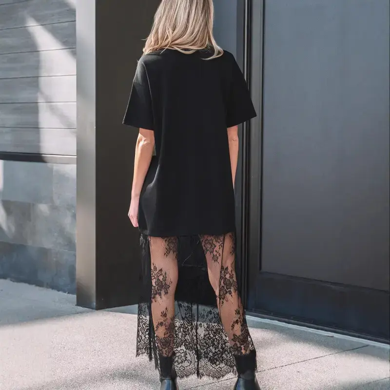 Arssm Women’s Oversized T Shirt Maxi Dress – Sheer Lace Hem Baggy Dress, Drop Shoulder Short Sleeve Streetwear Outfit for Casual Summer Vacation Wear