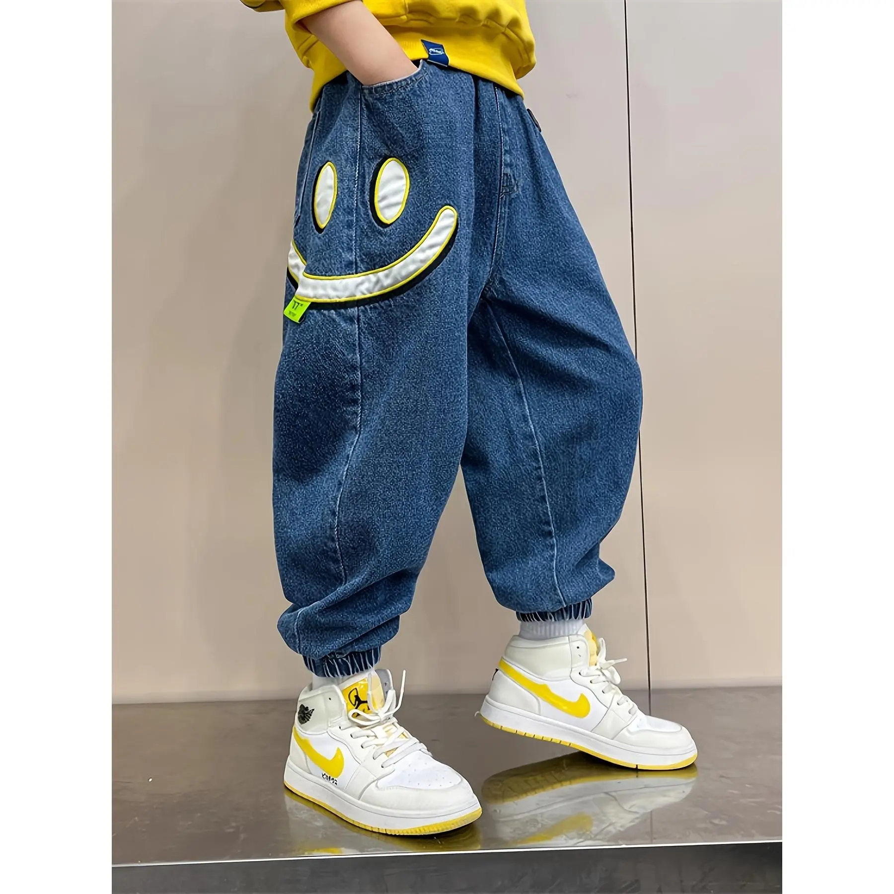 Boys' Vintage Geometric Print Joggers with Patches, Loose Fit Soft Cotton Blend Pants for All-Season Casual Wear, Joggers Pants, Prop 65 Safe