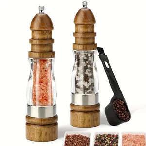 Wooden Salt Spice Grinder Set, 2 Counts/set Manual Salt & Pepper Grinder with Spoon Brush, Kitchen Seasoning Utensils for Home Dining Room Barbecue Salt Pepper Shakers