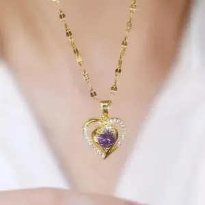 18K Gold Plated Double Layer Heart Pendant Round Purple Cubic Zirconia Inlaid Clear Crystal Halo Sparkle Lip Romantic Love Charm for Women Valentine Anniversary Gift cross nut connector john pork evry jewels Gold-Plated Jesus Crucifix Necklac lewis h Stai
