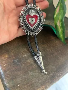 Sacred Heart Rose Bolo Tie - Crown Mexican Art - Western style gifts for her leather necktie accessories tattoo flower gothic Anatomical Red