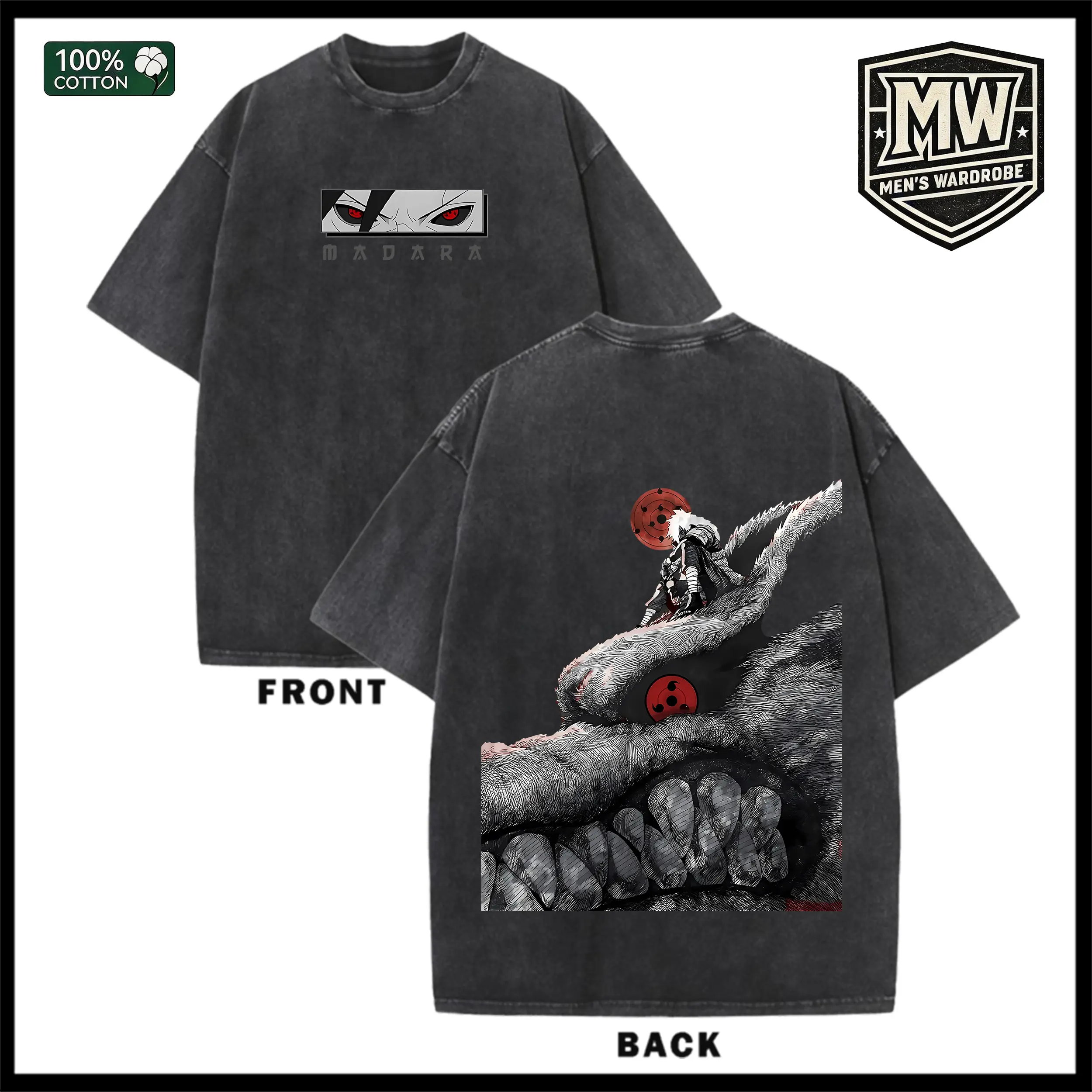 Men's Oversized Retro Streetwear Short-Sleeve Graphic T-Shirt - Acid Wash Vintage Cotton, Madara Kurama Art Double Print Front+Back Graphic, Letter & Iconic Eye Details, All-Season Comfy Casual Top