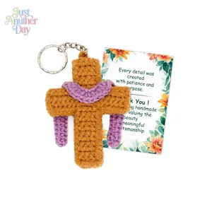 Handmade Crochet Cross Keychain, Knitted Jesus Cross with Scarf Charm, Christian Religious Gift Keyring