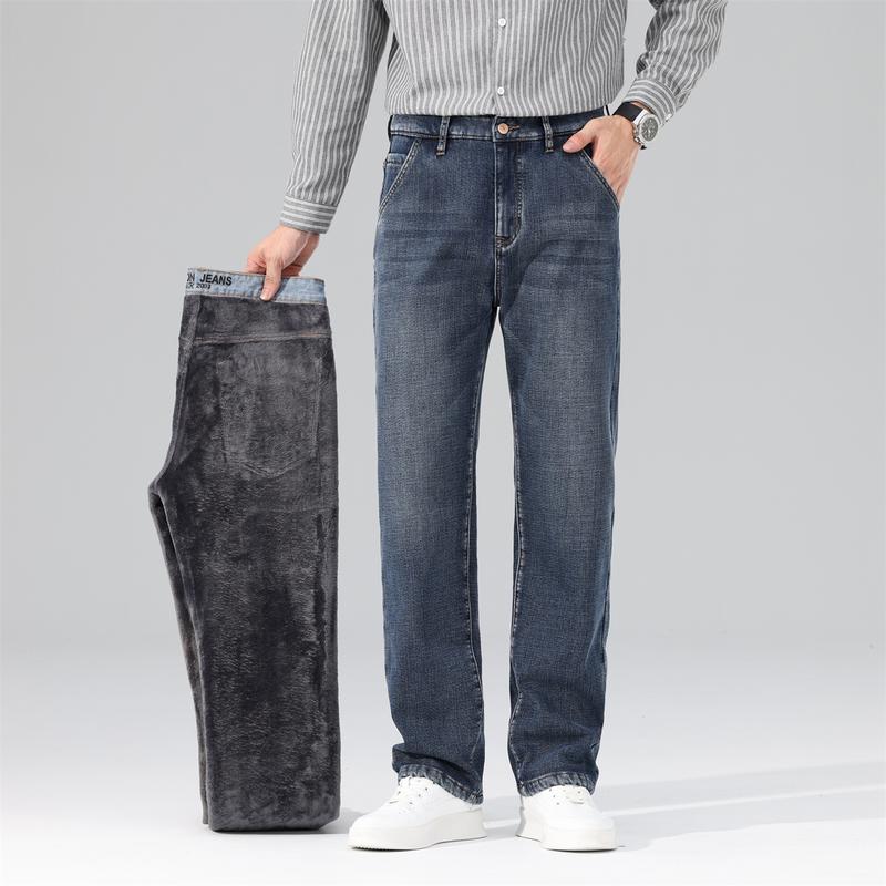 Men's Fleece-Lined Stretch Jeans Winter Loose-Fit Fleece-Lined Jeans Straight-Leg Mid-Rise Fashionable Versatile Jeans Business Casual Warm Trousers Suitable for Daily Wear and Outings