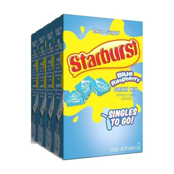 Starburst Blue Raspberry Singles To Go Drink Mix - 0.59 oz, Pack of 4 | 6 Servings Each, 24 Total Servings - Blue Raspberry Sugar Free Water Flavoring Packets, Powdered Drink Mix - Just Add Water