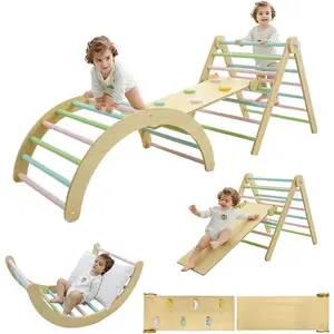 7 In 1 Climbing Frame for Toddlers Foldable Climbing Triangle Set Wooden Indoor Montessori Climbing Toys Playground Gym with Ramp and Arch Rocker Jungle Gym Slide for Kids Gift