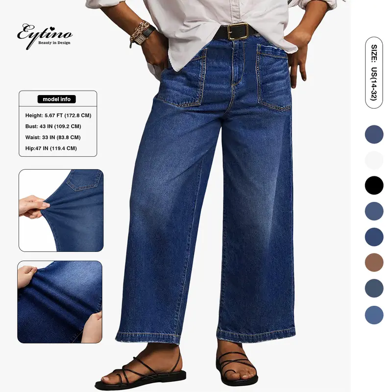 Eytino Plus Size Jeans for Women High Waisted Wide Leg Jeans Trendy Baggy Loose Stretchy Denim Pants with Pockets(1X-5X)