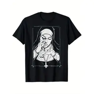 Funny Unholy Drug Nun Costume Essential Costume T-Shirt for Men Women Couple, Casual Crew Neck Short Sleeve Tee, Breathable  Fabric