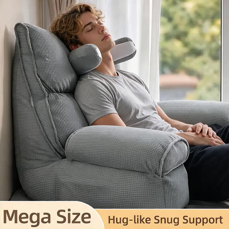 Large Lazy Reading Pillow - Corduroy Fabric with Corduroy PU Accents, Home Use, Lazy Sitting, Supportive Fill, Thick Non-Collapsing Inner, Padded Armrest, Detachable Neck Support, Ideal for Book Reading