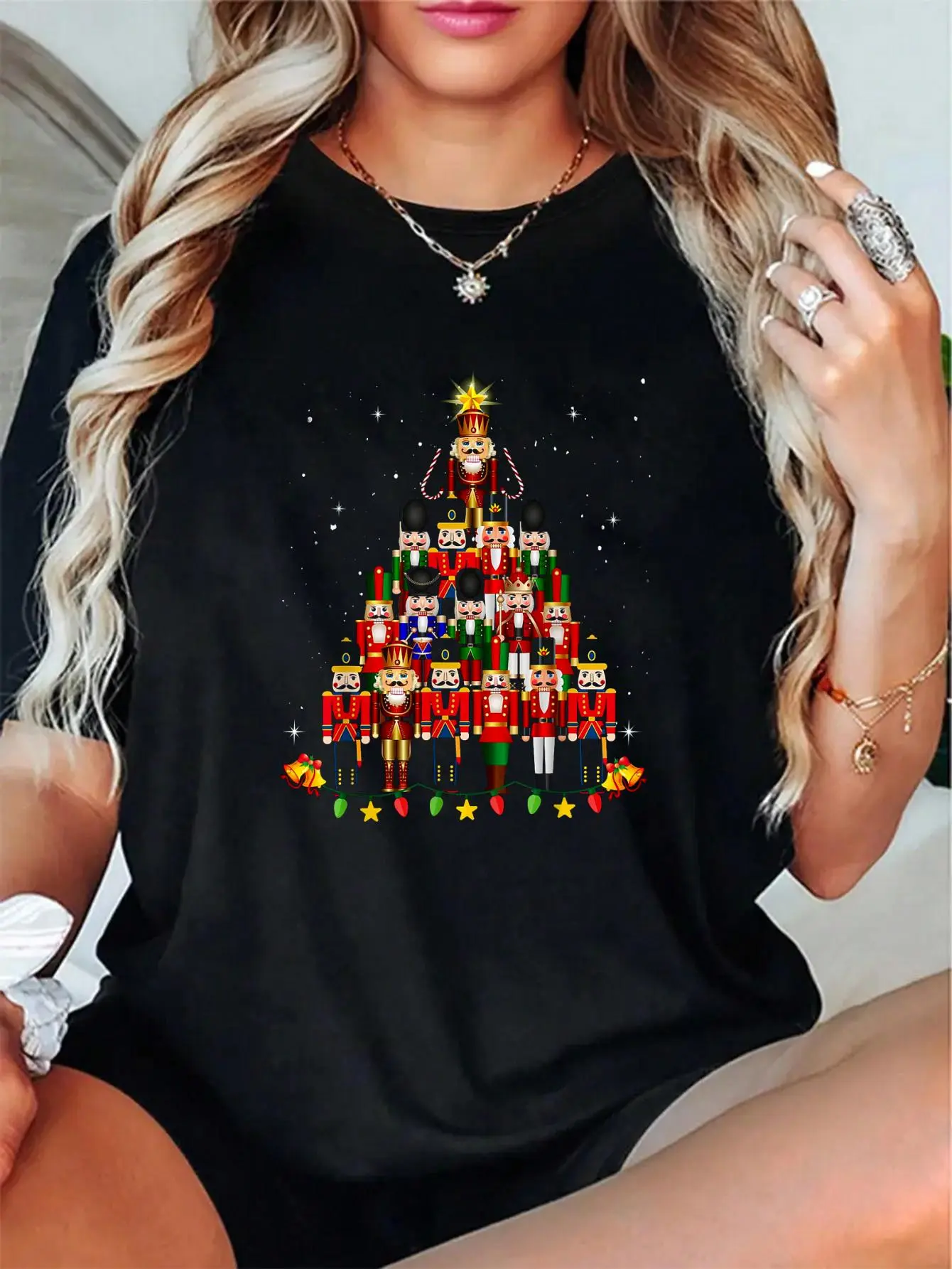 Women's 100% Cotton Breathable Round Neck Short-Sleeve T-Shirt - Black, Loudest Nutcracker Digital Print, Happy Letter Snowflake Style, Relaxed Fit, Soft, Casual Family Holiday Christmas Use, All Seasons Wear, Check Size Chart, High Def Print, Xx-Large