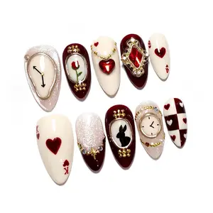 Red Heart Rabbit Clock Press On Nails | Fantasy Playing Card Luxury Nail Set