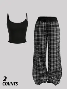 Women's Striped Fitted Camisole Top and Casual Loose Plaid Wide Leg Pants Set, Outfit, Comfortable All-Season Wear, Versatile and Stylish Home Clothes