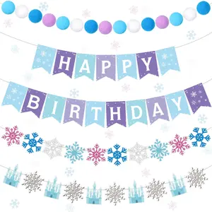 5Pcs Snowflake Birthday Banner – Blue Felt Castle & Snowflake Garland for Winter Holiday Party Decor