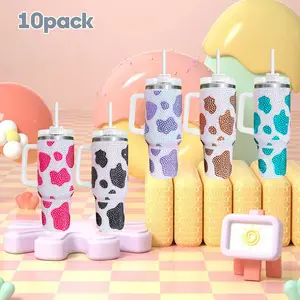 10 Pack USA Warehouse H1.0 40oz Cow Pattern Rhinestone Full Coverd Stanley Style Travel Mug Tumbler With Handle Lid And Straw