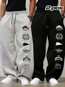2-Pack Men's Printed Drawstring Sweatpants with Adjustable Waist, Casual Loose Fit Outdoor Workout Pants for Fall & Winter, Straight Leg Style