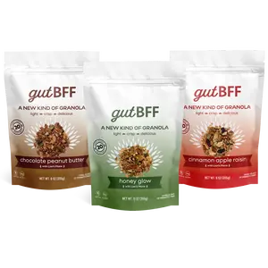 gutBFF Granola Variety 3-Pack - Honey Glow, Cinnamon Apple Raisin, Chocolate Peanut Butter