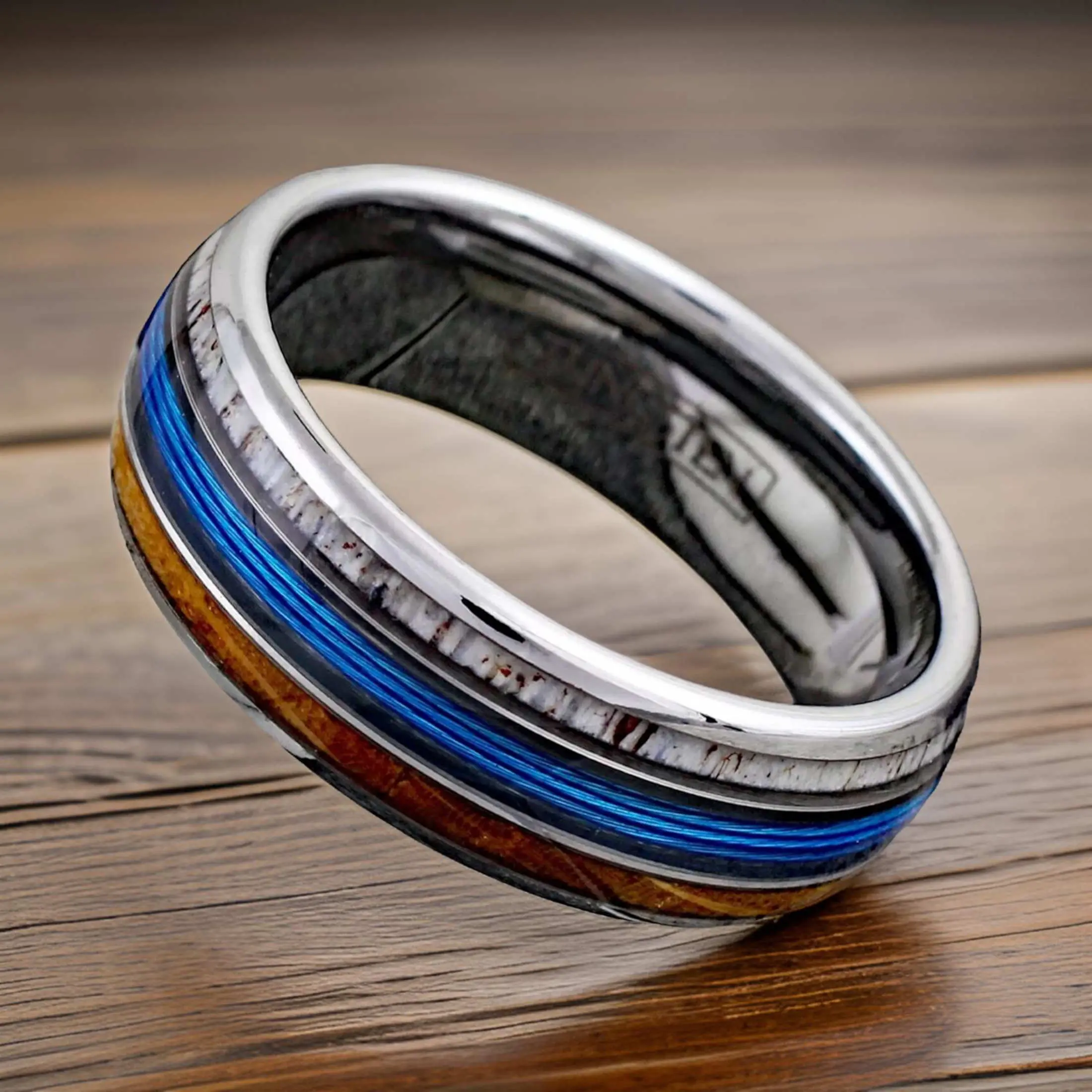 Mens Deer Antler, Blue Fishing Line, and Whiskey Wood Ring. Fishing Enthusiast Gift