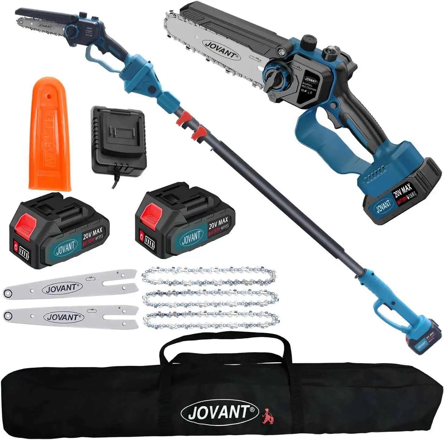 JOVANT Cordless 6“ Chainsaw & Extension Pole 2-in-1 Kit with 2pcs 4A Batteries