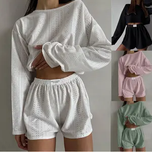 Women's Solid Jacquard Hollow Out Crop Tee & Split Shorts Pajama Two-Piece Set, Casual Comfy Short Sleeve T-shirt & Shorts PJ Set, Ladies Summer Sleepwear, Loungewea