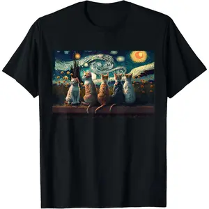 Cotton cats painting art sitting Starry Night kitty kitten Van Gogh T-Shirt