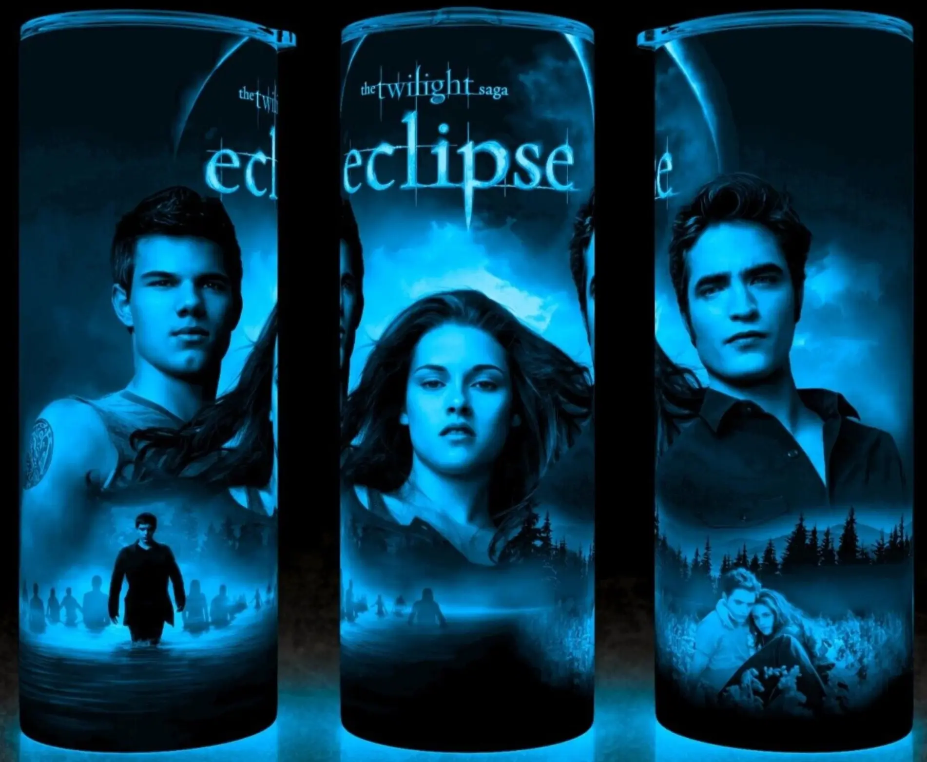Glow in the Dark Twilight Eclipse Bella - Jacob and Edward Vampire Movie Cup Mug Tumbler 20oz - Stainless Steel, Fantasy, Modern Drinkware - Washable Flasks Stylish Insulated Plastic