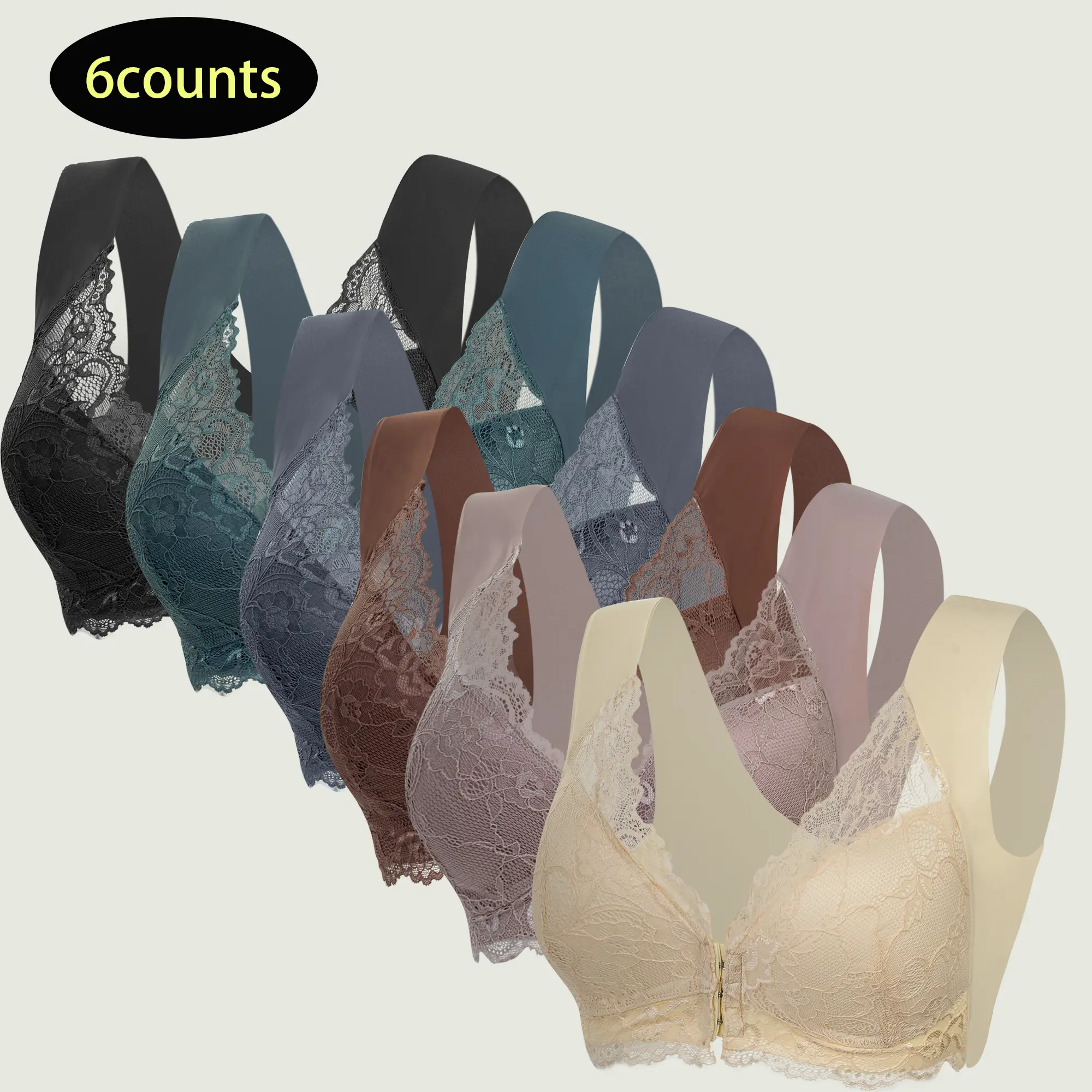 【6PCS】Women's Contrast Lace Hook & Eye Front PushUp Bra Soft Comfortable Elegant Breathable Wireless Lingerie Top for Daily Wear Vneck Basic Minimalist Everyday Style Womenswear Polyamide + Nylon