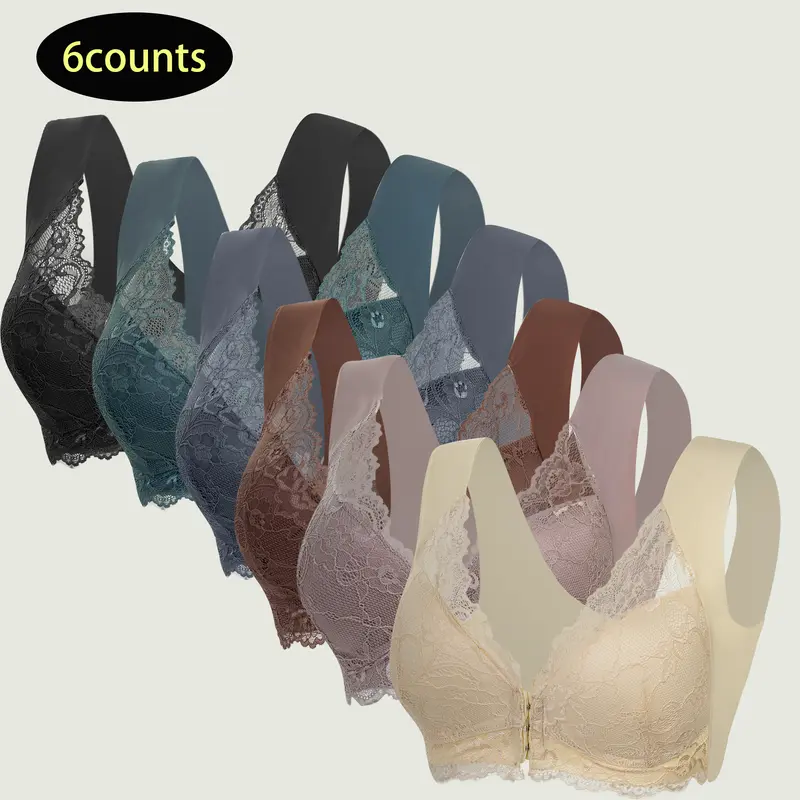 Women's 6PCS Chic Wire-Free Push-Up Bras - Comfy Lingerie, Contrast Lace V-Neck, Front Hook and Eye, Racerback, Soft Breathable Polyamide-Spandex Blend, 3/4 Coverage, Button Detail, Flexible Fabric Everyday Top