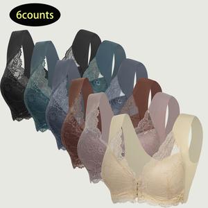 【6PCS】Women's Contrast Lace Hook & Eye Front PushUp Bra Soft Comfortable Elegant Breathable Wireless Lingerie Top for Daily Wear Vneck Basic Minimalist Everyday Style Womenswear Polyamide + Spandex