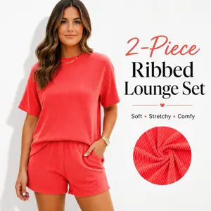 Summer Women’s Ribbed Knit Lounge Set – Short Sleeve Crew Neck Top & High-Waisted Shorts with Pockets, Soft Comfy Pajamas, Casual Loungewearther's Day Gift