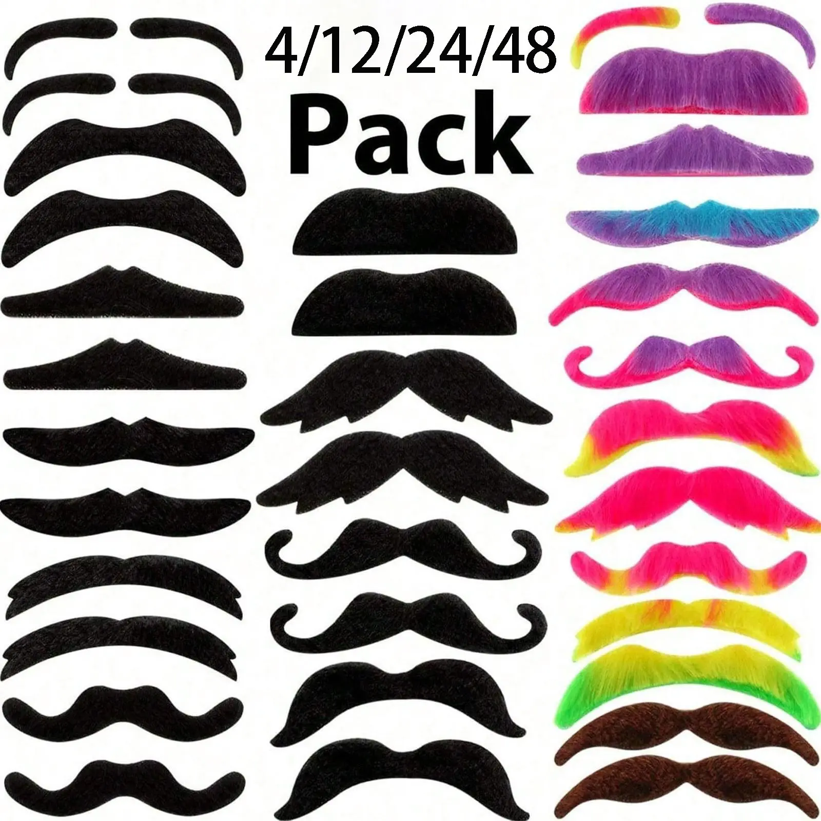 Self-Adhesive Fake Mustache Set, 48 Pieces Realistic Facial Hair Accessories, Party Photo Prop, Perfect for Halloween Costume Parties & Makeup Events