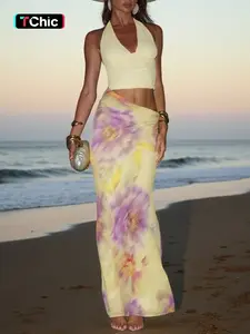 Elegant Plain Fabric Patchwork Print Halter Dress, European & American Style Casual Vacation Wear, Women's Fashionable One-Piece Gown