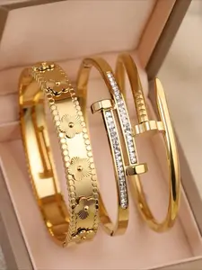 Stainless Steel 3 Pcs Bracelet Set with Cubic Zirconia for Women's Daily Wear & Wedding Gifts Exquisite Trendy Design woman anniversary birthday gift