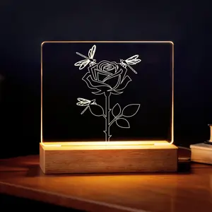 Acrylic Dragonfly & Rose Night Light with Wooden Base - Soft Glow Bedside Lamp, Cozy Home Decor, Heartwarming Gift Idea