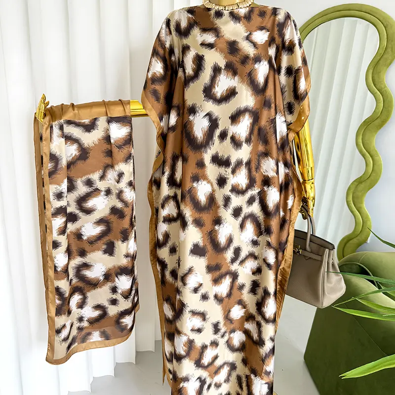 Women's 2-Piece Leopard Print Silky Kaftan & Wrap Set - Cowl Neck Flowy Maxi Gown, Pull-On Wear, Short Sleeve, Chiffon, Basic Elegant Going-Out Clothing, Birthday Outfit