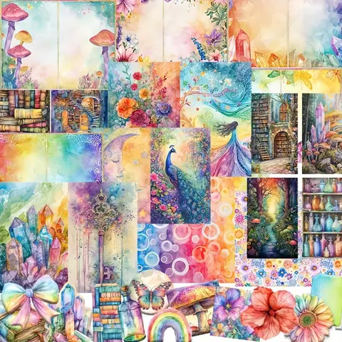 Rainbow Themed Paper & Sticker Set, 128pcs/set Colorful Flower & Book Pattern Paper & Sticker, DIY Decorative Paper for Scrapbooking, Journaling, Gift Wrapping, Art Stickers, Crafts, Scrapbooking Ephemera, Scrapbook Accessories