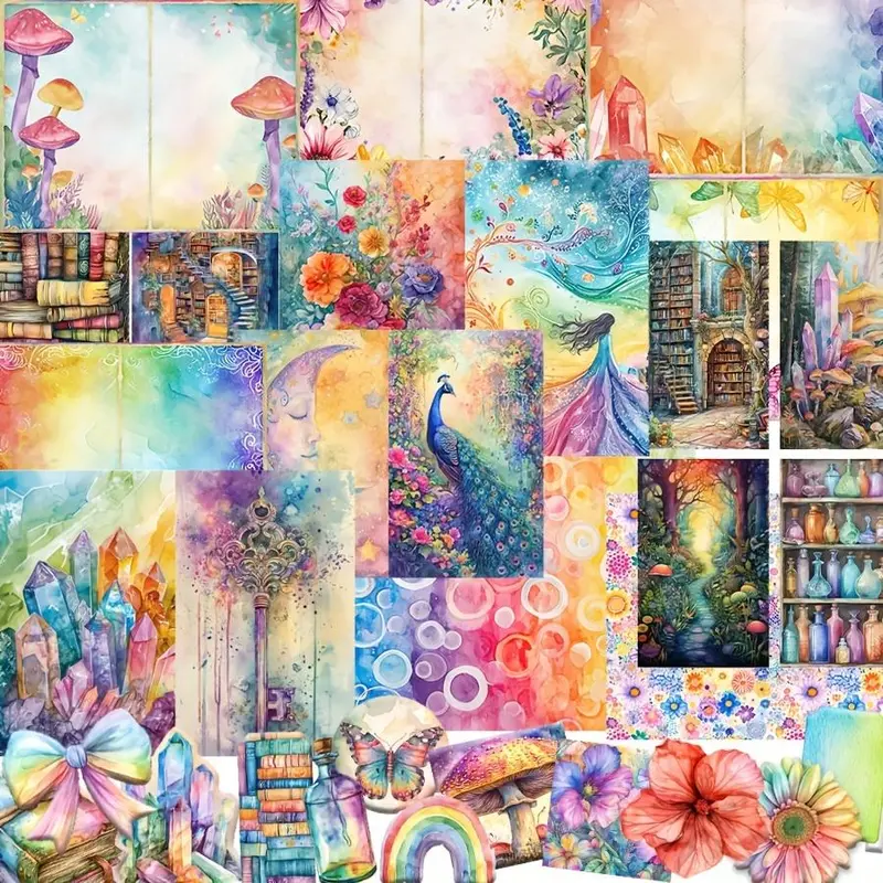 Rainbow Themed Paper & Sticker Set, 128pcs/set Colorful Flower & Book Pattern Paper & Sticker, DIY Decorative Paper for Scrapbooking, Journaling, Gift Wrapping, Art Stickers, Crafts, Scrapbooking Ephemera, Scrapbook Accessories