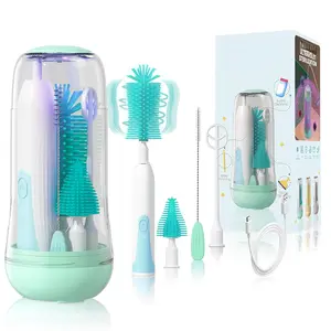 Electric Travel Baby Bottle Brush Set with Storage Box, Automatic Bottle Cleaner Brush Kit with Silicone Bottle/Nipple/Straw Brush, Milk Frother Electric and Drainage Rack, Rechargeable, Green