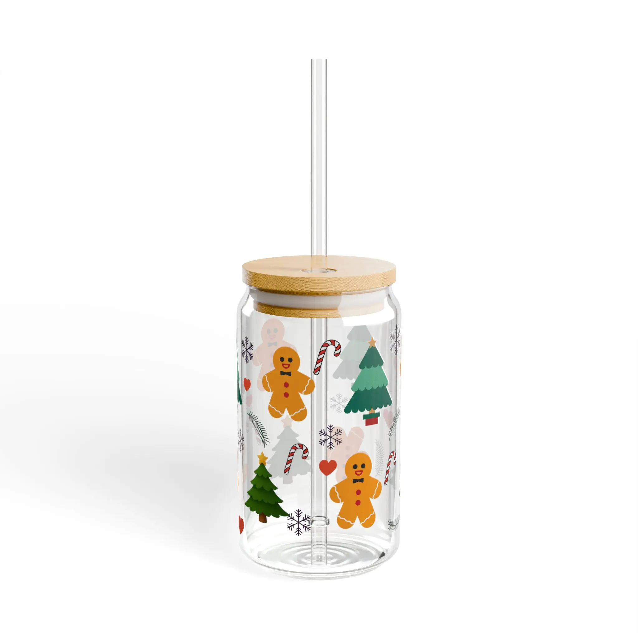 Holiday Cheer Sipper Glass, 16oz - Christmas Cup with Gingerbread Man and Tree, Festive Cup, Winter Season Drinkware, Xmas Party