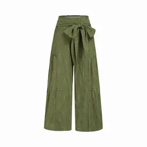 Cider Lace Shirred Bowknot Straight Leg Trousers