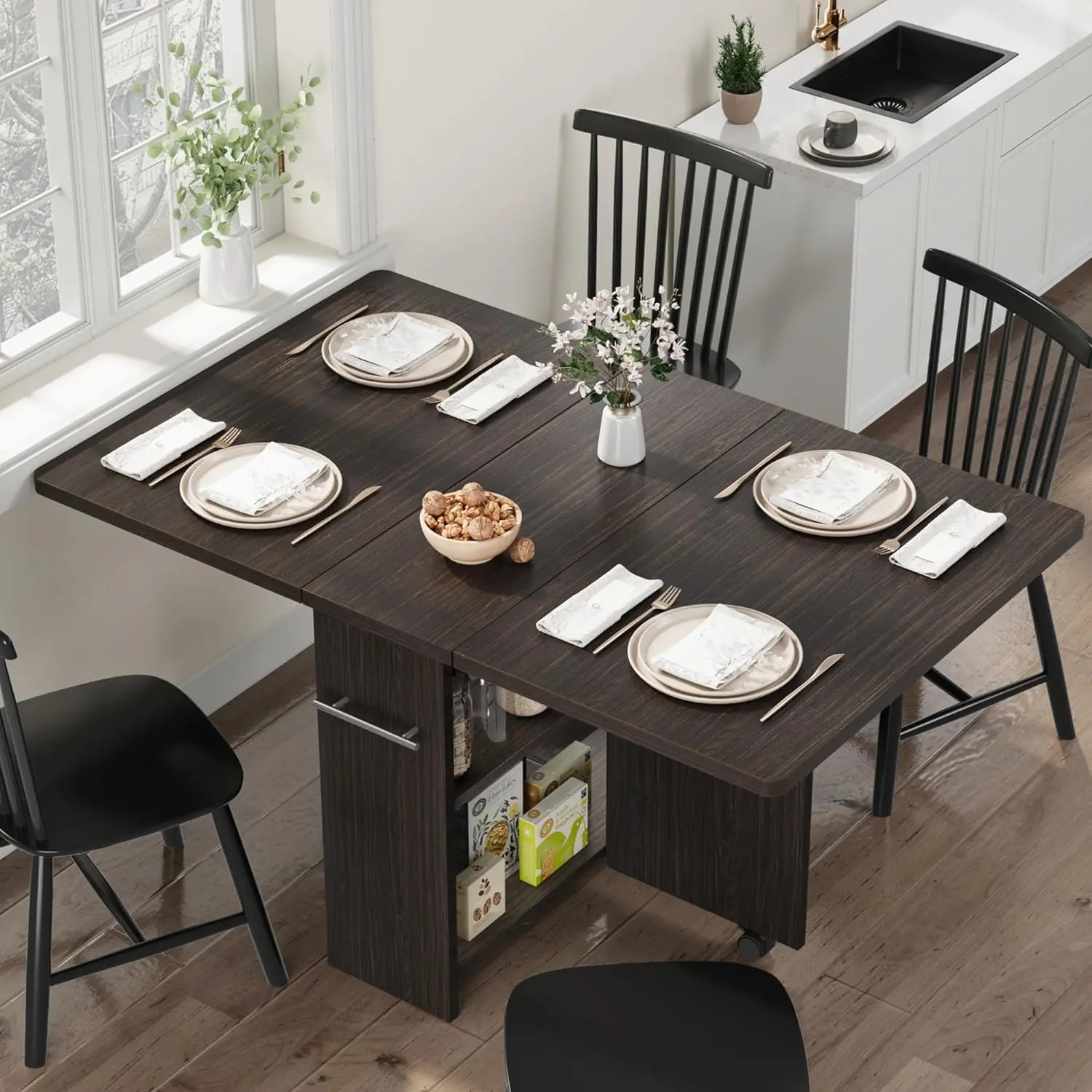 Folding Dining Table, Space Saving Farmhouse Dining Table for 4 Storage Shelf, 6 Wheels Multipose Expandable Kitchen Drop Leaf Table for Small Space (Dark Walnut, 47.2"D x 23.6"W x 29.5"H)