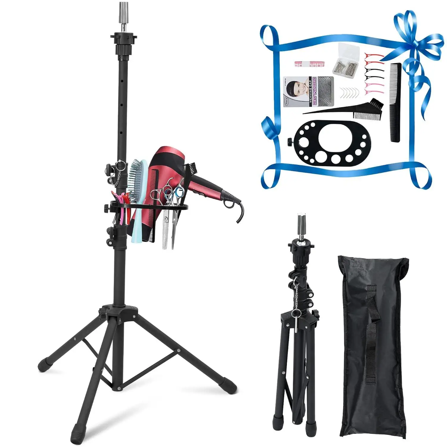 Enhanced Adjustable Wig Stand Tripod - Double Locking Mannequin Head Stand - Sturdy Metal Stand with Tool Tray for Hairdressing Training - Black (53.5