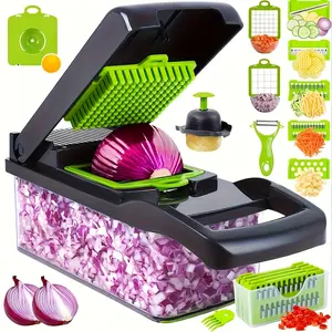 12-in-1 Versatile Kitchen Vegetable Cutter, Shredder Slicer Chopper for Onion Zucchini Beet, with 7 Blades, Draining Basket & Storage Case, Home Food Preparation Tool, Vegetable Cutting Slicer