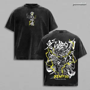 Limited Edition "Thunder Breathing" Zenitsu Agatsuma T-Shirt Demon Slayer Anime Graphic Tee Oversized Acid Washed Soft Cotton Streetwear Casual Kimetsu no Yaiba Streetwear Apparel