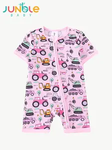 JUNBLEBABY Baby Bamboo Fiber Zipper Pull-Through Dress in Pink with Excavator Print Double Zippers Reversible Foot Cover Soft Breathable Pajama Set