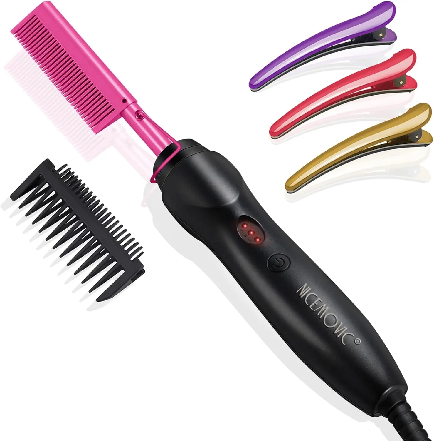 NICEMOVIC Ceramic Heating Hair Straightener Comb - Hot Pressing Brush for Natural Black Hair, Beard Wigs, and Curling (Pink)