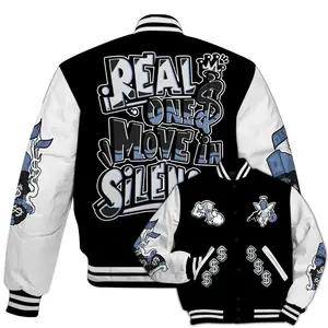 Dunkare Mid Space Jam 1s Varsity Jacket - Ones Move In Silence Graphic All Over Print Letterman Jackets, Baseball Football Jacket, Varsity Sportwear Style